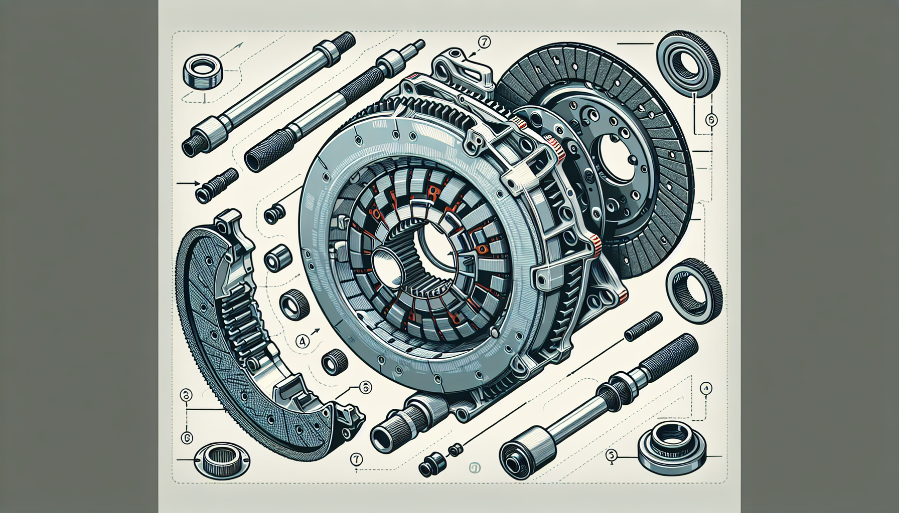 Cutaway technical illustration of a single-disc dry clutch assembly showing flywheel, friction disc, pressure plate, and release bearing