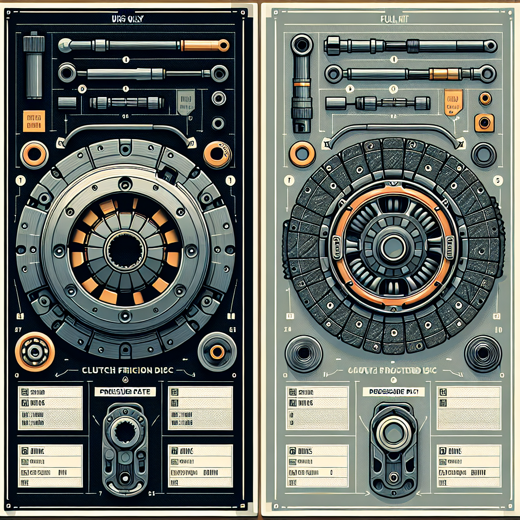 Side-by-side comparison of a single clutch friction disc vs a complete clutch kit including disc, pressure plate, release bearing, and pilot bearing