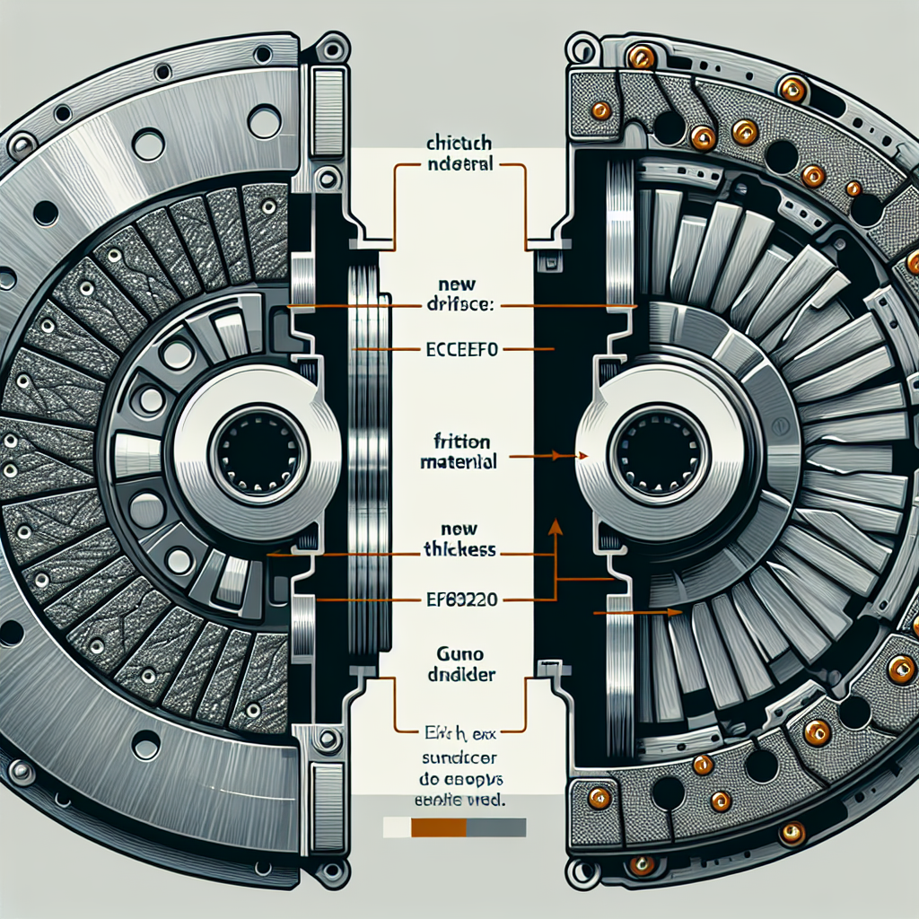 Cross-section comparison of a new vs worn clutch friction disc, showing thick friction material on the new disc and rivets exposed on the worn disc